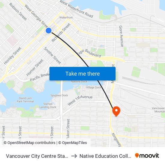 Vancouver City Centre Station to Native Education College map