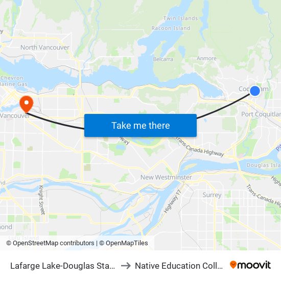 Lafarge Lake-Douglas Station to Native Education College map