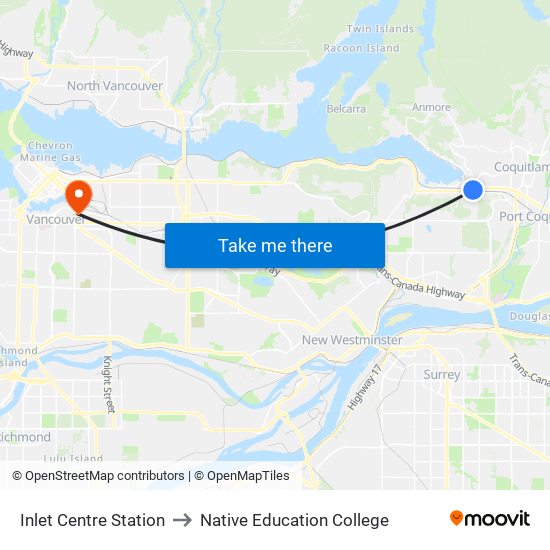 Inlet Centre Station to Native Education College map