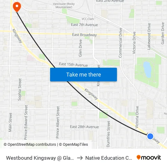 Westbound Kingsway @ Gladstone to Native Education College map