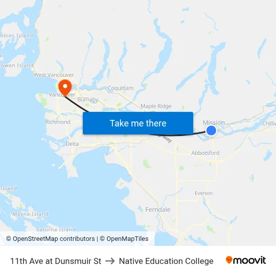 11th Ave at Dunsmuir St to Native Education College map