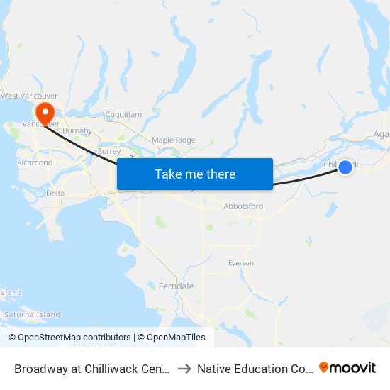 Broadway at Chilliwack Central Rd to Native Education College map