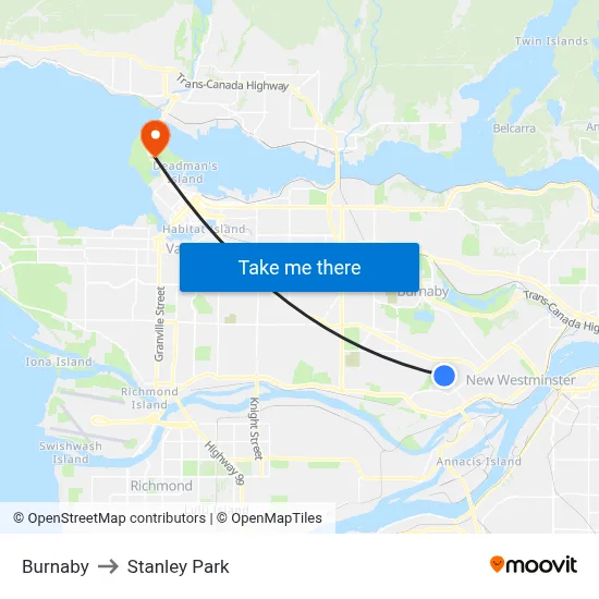 Burnaby to Stanley Park map