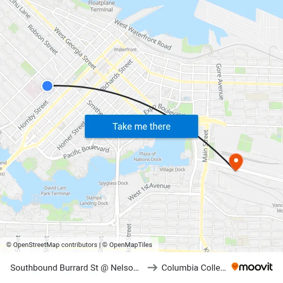 Southbound Burrard St @ Nelson St to Columbia College map