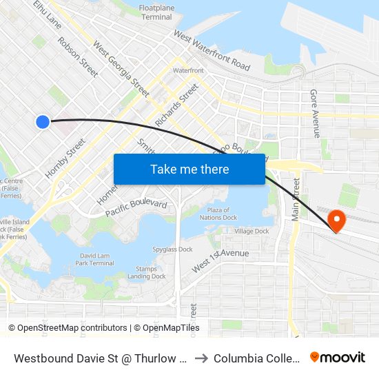 Westbound Davie St @ Thurlow St to Columbia College map
