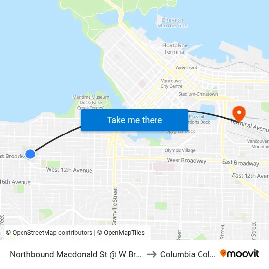 Northbound Macdonald St @ W Broadway to Columbia College map