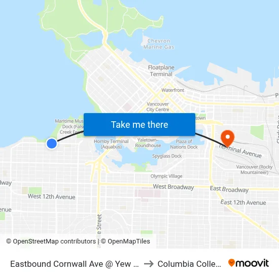 Eastbound Cornwall Ave @ Yew St to Columbia College map