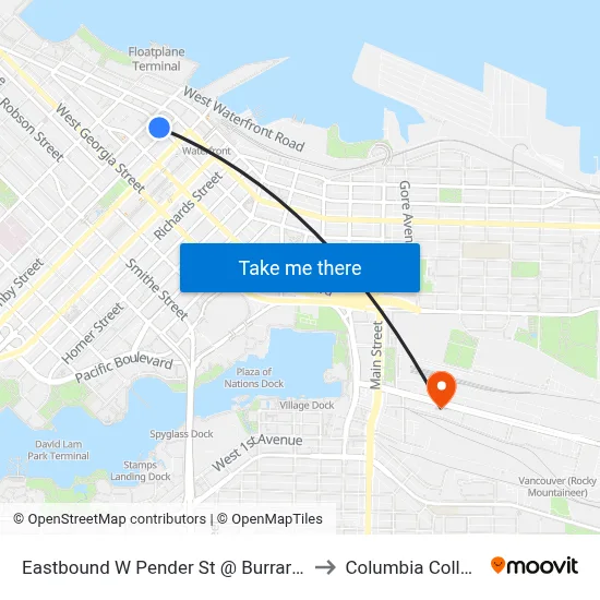 Eastbound W Pender St @ Burrard St to Columbia College map