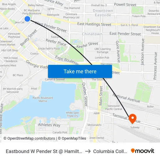 Eastbound W Pender St @ Hamilton St to Columbia College map