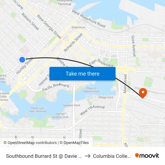 Southbound Burrard St @ Davie St to Columbia College map