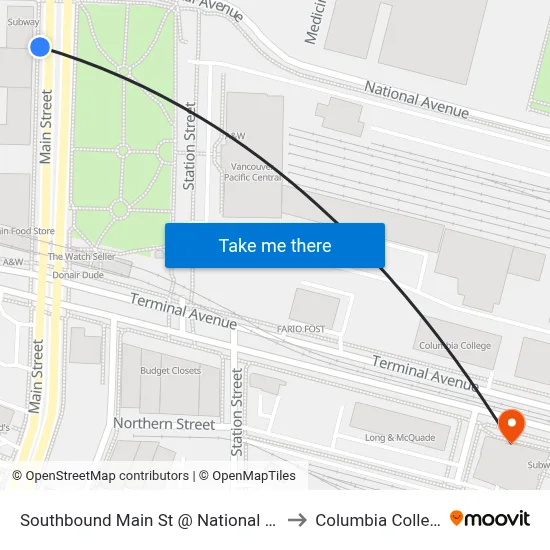 Southbound Main St @ National Ave to Columbia College map