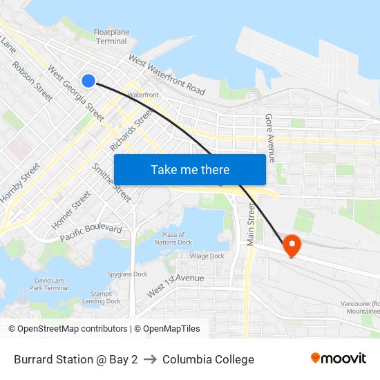Burrard Station @ Bay 2 to Columbia College map