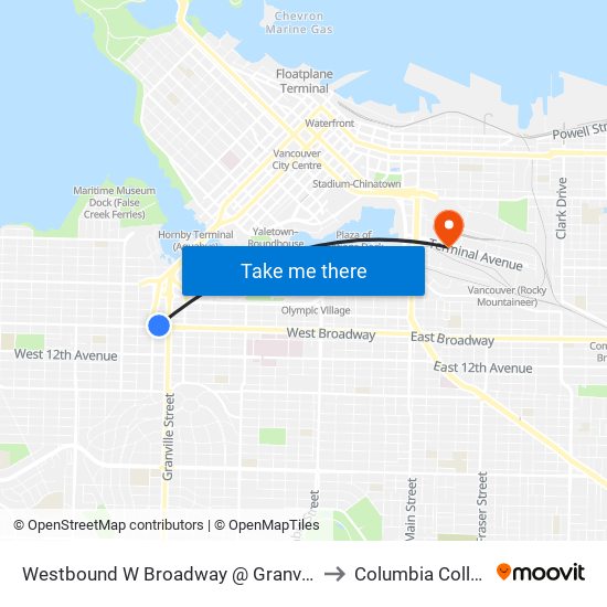 Westbound W Broadway @ Granville St to Columbia College map