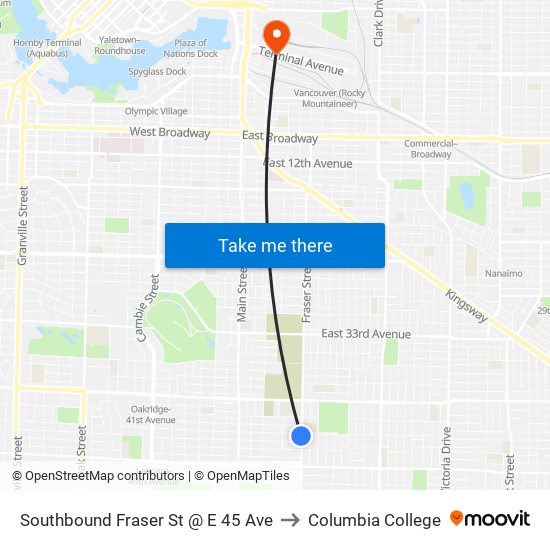 Southbound Fraser St @ E 45 Ave to Columbia College map