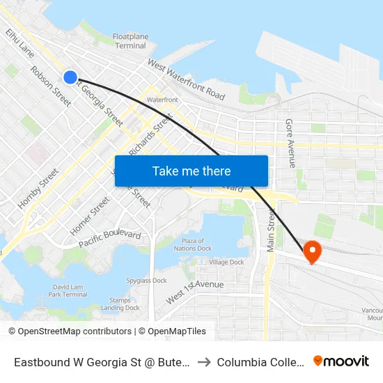 Eastbound W Georgia St @ Bute St to Columbia College map