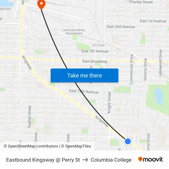 Eastbound Kingsway @ Perry St to Columbia College map