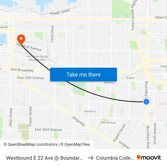 Westbound E 22 Ave @ Boundary Rd to Columbia College map