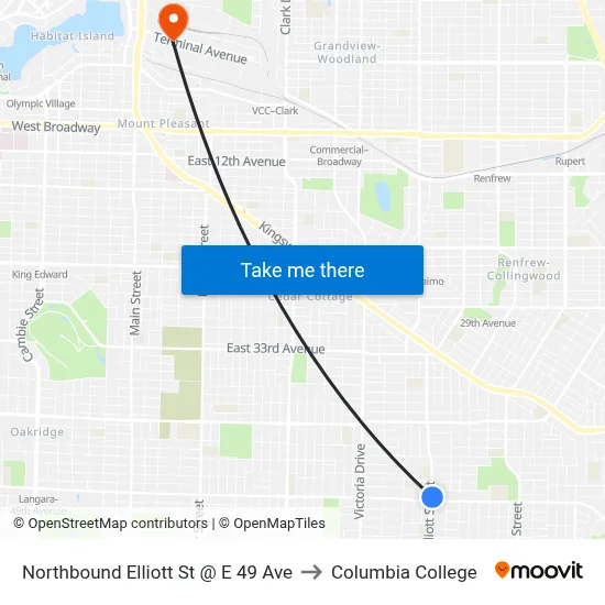 Northbound Elliott St @ E 49 Ave to Columbia College map