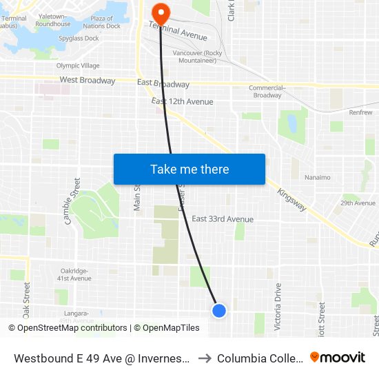Westbound E 49 Ave @ Inverness St to Columbia College map
