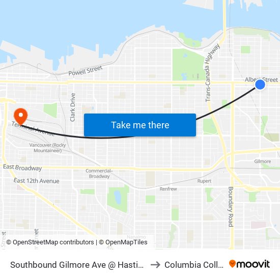 Southbound Gilmore Ave @ Hastings St to Columbia College map