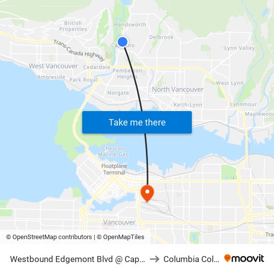 Westbound Edgemont Blvd @ Capilano Rd to Columbia College map