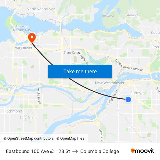 Eastbound 100 Ave @ 128 St to Columbia College map