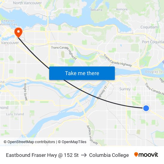 Eastbound Fraser Hwy @ 152 St to Columbia College map