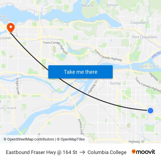 Eastbound Fraser Hwy @ 164 St to Columbia College map