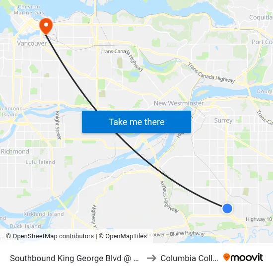 Southbound King George Blvd @ 62 Ave to Columbia College map