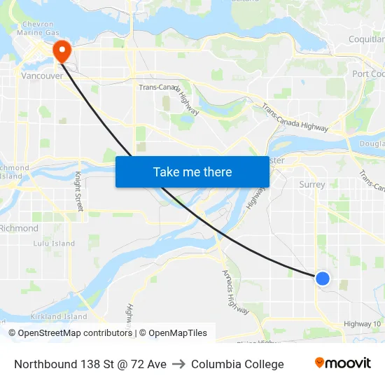 Northbound 138 St @ 72 Ave to Columbia College map