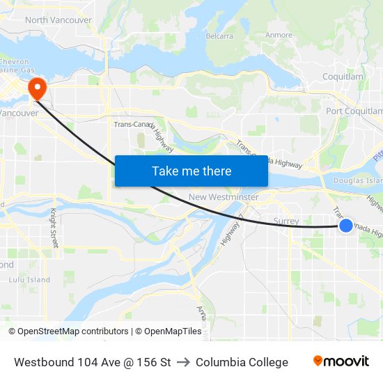 Westbound 104 Ave @ 156 St to Columbia College map