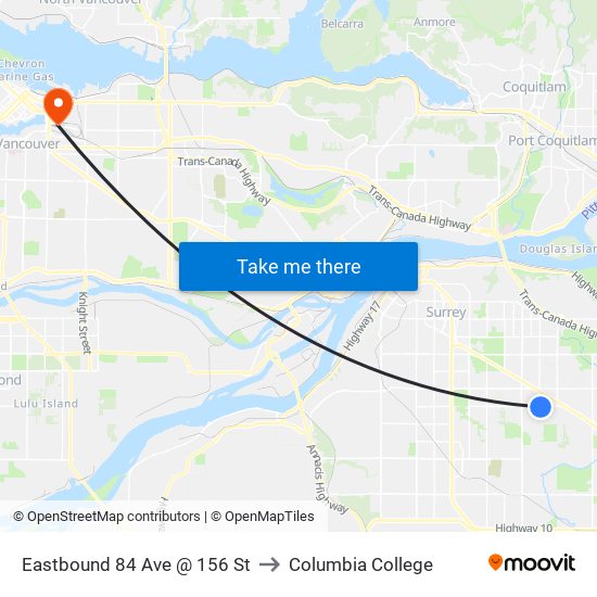 Eastbound 84 Ave @ 156 St to Columbia College map