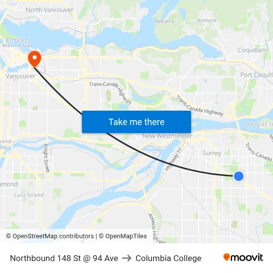 Northbound 148 St @ 94 Ave to Columbia College map