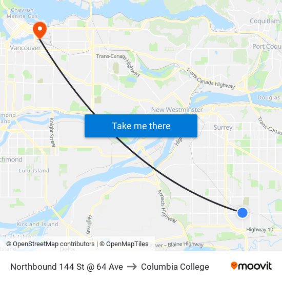 Northbound 144 St @ 64 Ave to Columbia College map