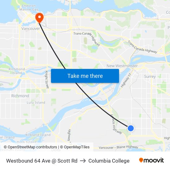 Westbound 64 Ave @ Scott Rd to Columbia College map