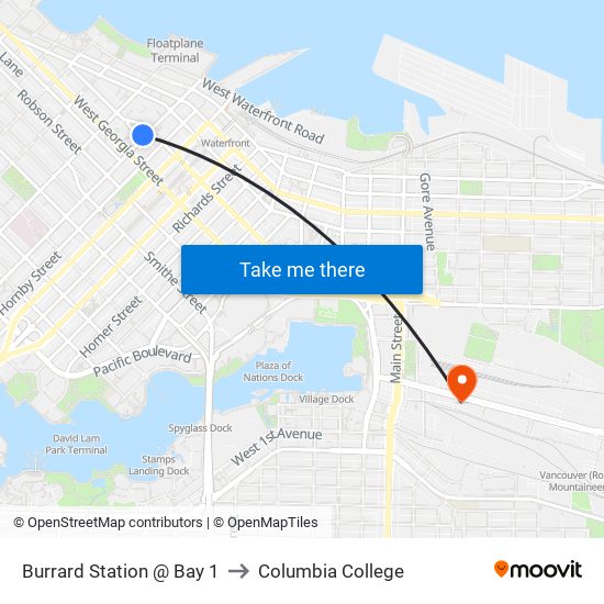 Burrard Station @ Bay 1 to Columbia College map