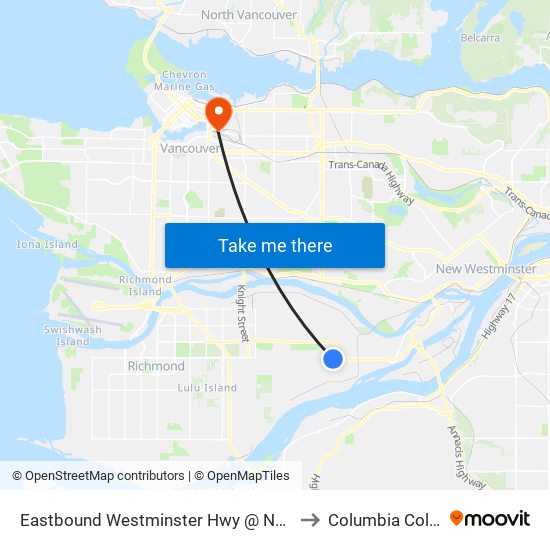 Eastbound Westminster Hwy @ Nelson Rd to Columbia College map