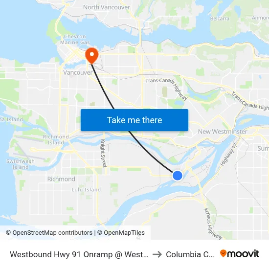 Westbound Hwy 91 Onramp @ Westminster Hwy to Columbia College map