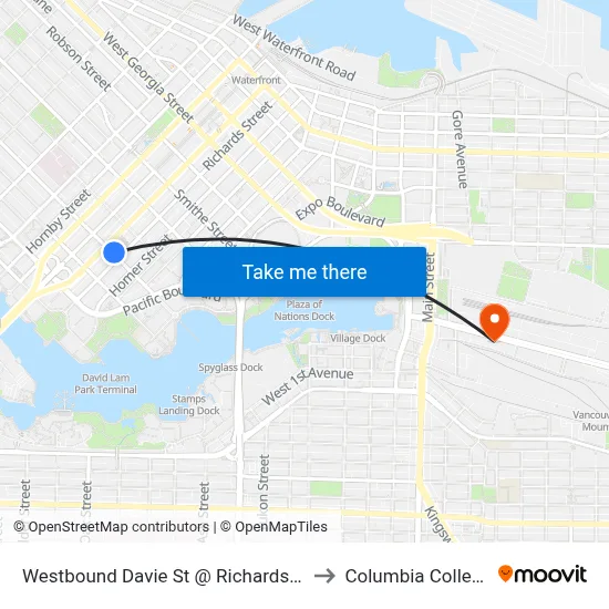Westbound Davie St @ Richards St to Columbia College map