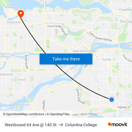 Westbound 64 Ave @ 140 St to Columbia College map