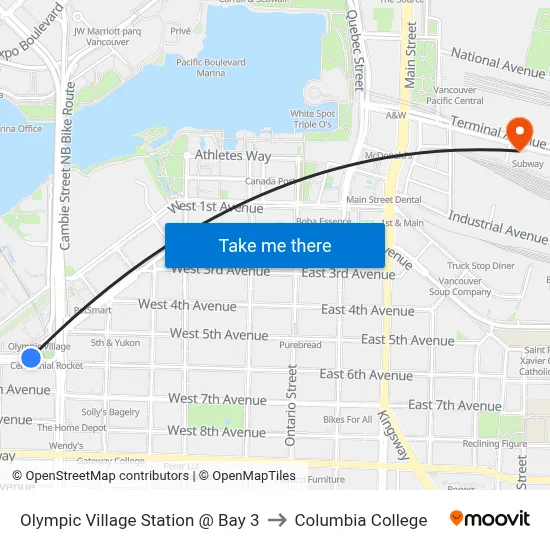Olympic Village Station @ Bay 3 to Columbia College map
