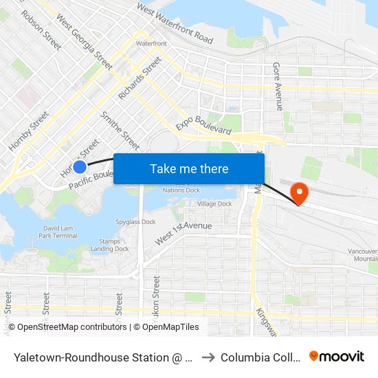Yaletown-Roundhouse Station @ Bay 1 to Columbia College map