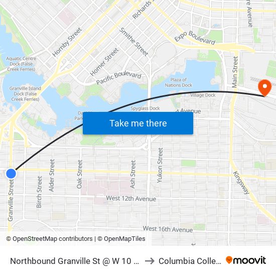 Northbound Granville St @ W 10 Ave to Columbia College map