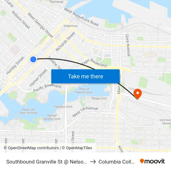 Southbound Granville St @ Nelson St to Columbia College map