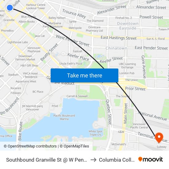 Southbound Granville St @ W Pender St to Columbia College map