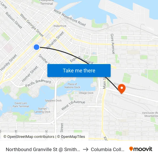 Northbound Granville St @ Smithe St to Columbia College map