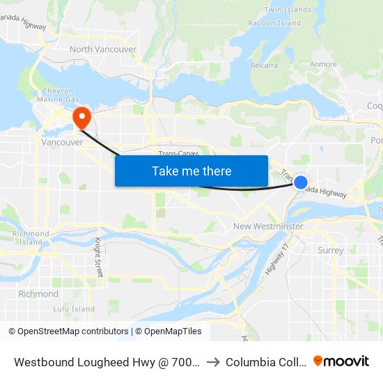 Westbound Lougheed Hwy @ 700 Block to Columbia College map
