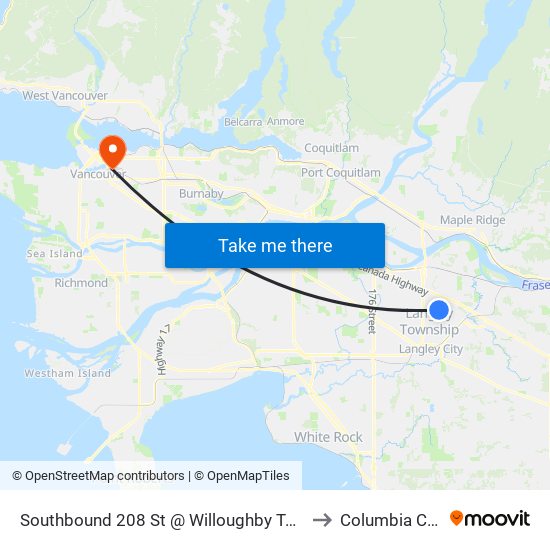 Southbound 208 St @ Willoughby Town Centre Dr to Columbia College map