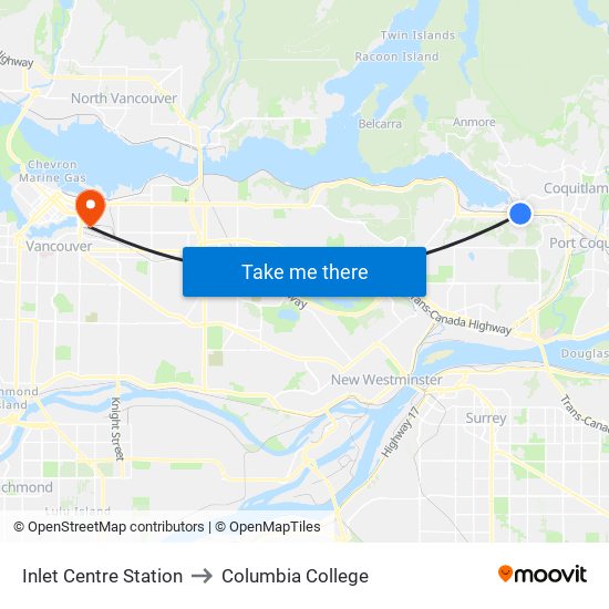 Inlet Centre Station to Columbia College map