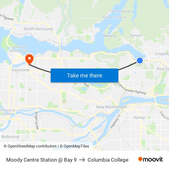 Moody Centre Station @ Bay 9 to Columbia College map